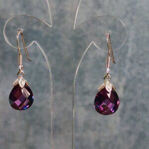 Teardrop Purple Crystal Earrings With Sterling Silver Hooks & Elegant Design